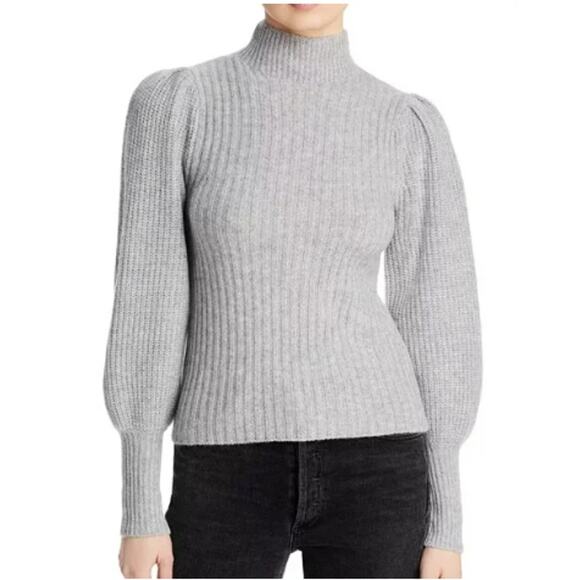 Aqua Bloomingdale's 100% Cashmere Sweater Gray Balloon Sleeve Mock Neck Tight L - Picture 1 of 4